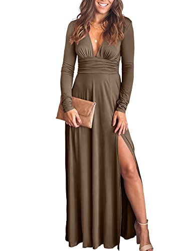 ANRABESS Women Deep V Neck Long Sleeve Slit 2024 Fall Elegant Formal Wedding Guest Cocktail Evening Date Prom Maxi Long Dress Khaki Large