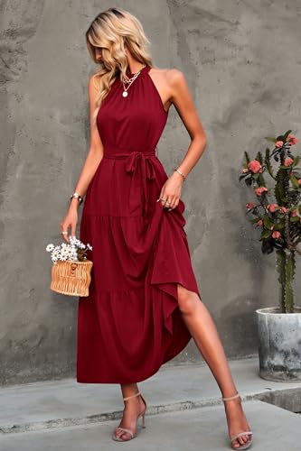 PRETTYGARDEN Women's Summer Maxi Sun Dress Sleeveless Halter Neck Flowy Ruffle Hem Long Boho Dresses with Belt (Solid Wine Red,Small)