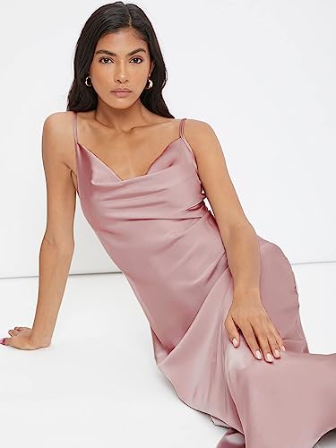 Floerns Women's Spaghetti Strap Cowl Neck Long Slip Satin Silk Midi Dress Pink M