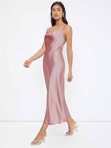 Floerns Women's Spaghetti Strap Cowl Neck Long Slip Satin Silk Midi Dress Pink M