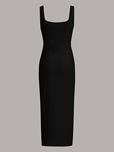 Verdusa Women's Casual Sleeveless Square Neck High Waist Rib Knit Tank Long Dress Black XS