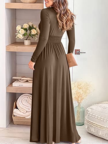 ANRABESS Women Deep V Neck Long Sleeve Slit 2024 Fall Elegant Formal Wedding Guest Cocktail Evening Date Prom Maxi Long Dress Khaki Large