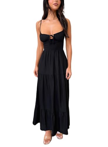 Leyajedol Women Y2k Bodycon Long Dress Spaghetti Strap Low Cut Dress Casual Backless Flowy Maxi Dress Sexy Clubwear