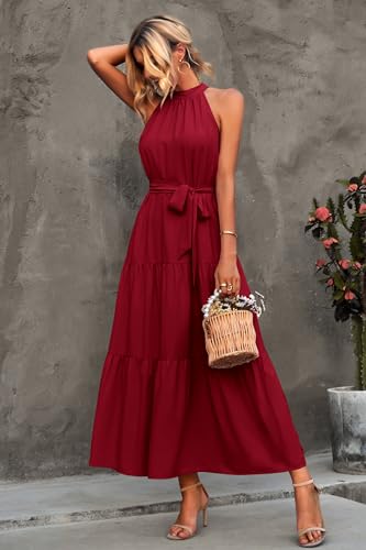 PRETTYGARDEN Women's Summer Maxi Sun Dress Sleeveless Halter Neck Flowy Ruffle Hem Long Boho Dresses with Belt (Solid Wine Red,Small)