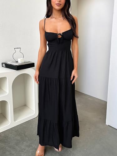 Leyajedol Women Y2k Bodycon Long Dress Spaghetti Strap Low Cut Dress Casual Backless Flowy Maxi Dress Sexy Clubwear