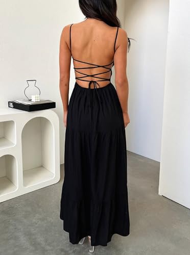 Leyajedol Women Y2k Bodycon Long Dress Spaghetti Strap Low Cut Dress Casual Backless Flowy Maxi Dress Sexy Clubwear