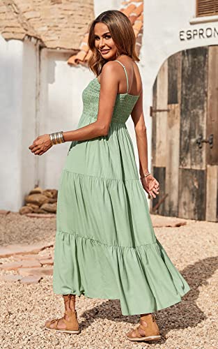 PRETTYGARDEN Women's Summer Maxi Dress 2024 Casual Boho Sleeveless Spaghetti Strap Smocked Tiered Long Beach Sun Dresses (Bean Green,M)