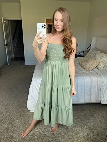 PRETTYGARDEN Women's Summer Maxi Dress 2024 Casual Boho Sleeveless Spaghetti Strap Smocked Tiered Long Beach Sun Dresses (Bean Green,M)