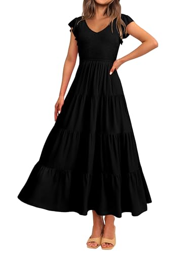MASCOMODA Womens Summer Maxi Dress Casual V Neck Cap Sleeve Smocked Dresses Ruffle Tiered Beach Party Long Flowy Sundresses(Black,Large)