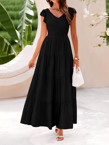 MASCOMODA Womens Summer Maxi Dress Casual V Neck Cap Sleeve Smocked Dresses Ruffle Tiered Beach Party Long Flowy Sundresses(Black,Large)
