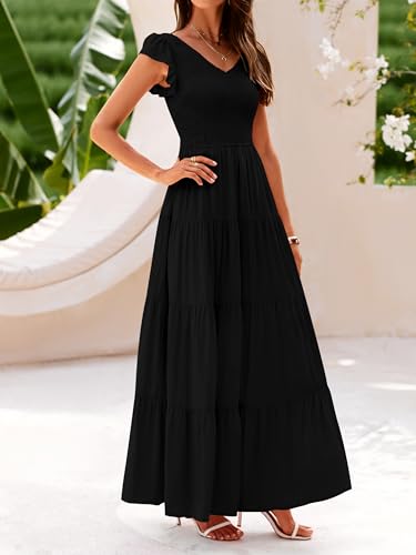 MASCOMODA Womens Summer Maxi Dress Casual V Neck Cap Sleeve Smocked Dresses Ruffle Tiered Beach Party Long Flowy Sundresses(Black,Large)