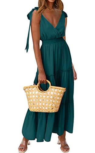 PRETTYGARDEN Women's Cross Neck Summer Sleeveless Tiered Maxi Dress Beach Tie Strap Smocked Long Dresses Pleated Sundress (Blue Green,Medium)