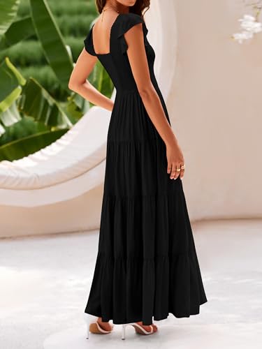 MASCOMODA Womens Summer Maxi Dress Casual V Neck Cap Sleeve Smocked Dresses Ruffle Tiered Beach Party Long Flowy Sundresses(Black,Large)