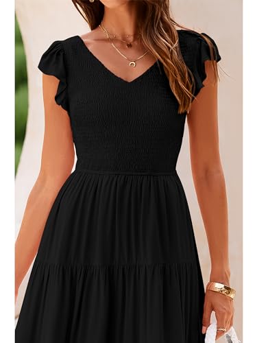 MASCOMODA Womens Summer Maxi Dress Casual V Neck Cap Sleeve Smocked Dresses Ruffle Tiered Beach Party Long Flowy Sundresses(Black,Large)