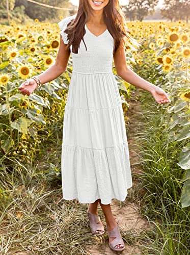 MEROKEETY Women's 2024 Summer Smocked V Neck Tiered Swing Long Midi Dress with Pockets, White, L