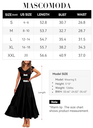 MASCOMODA Womens Summer Maxi Dress Casual V Neck Cap Sleeve Smocked Dresses Ruffle Tiered Beach Party Long Flowy Sundresses(Black,Large)