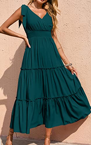 PRETTYGARDEN Women's Cross Neck Summer Sleeveless Tiered Maxi Dress Beach Tie Strap Smocked Long Dresses Pleated Sundress (Blue Green,Medium)
