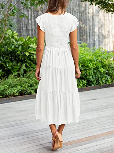 MEROKEETY Women's 2024 Summer Smocked V Neck Tiered Swing Long Midi Dress with Pockets, White, L