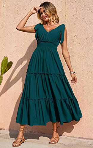 PRETTYGARDEN Women's Cross Neck Summer Sleeveless Tiered Maxi Dress Beach Tie Strap Smocked Long Dresses Pleated Sundress (Blue Green,Medium)
