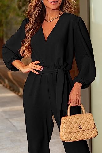 PRETTYGARDEN Women's 2024 Fall Jumpsuits Casual Dressy One Piece Outfits V Neck Long Sleeve Belt Pockets Long Pants Romper (Black,Large)