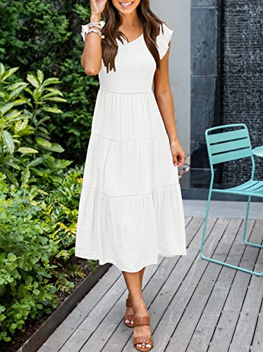 MEROKEETY Women's 2024 Summer Smocked V Neck Tiered Swing Long Midi Dress with Pockets, White, L