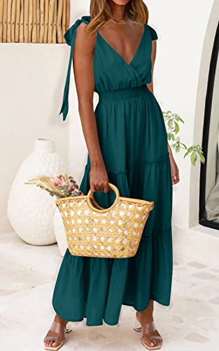 PRETTYGARDEN Women's Cross Neck Summer Sleeveless Tiered Maxi Dress Beach Tie Strap Smocked Long Dresses Pleated Sundress (Blue Green,Medium)