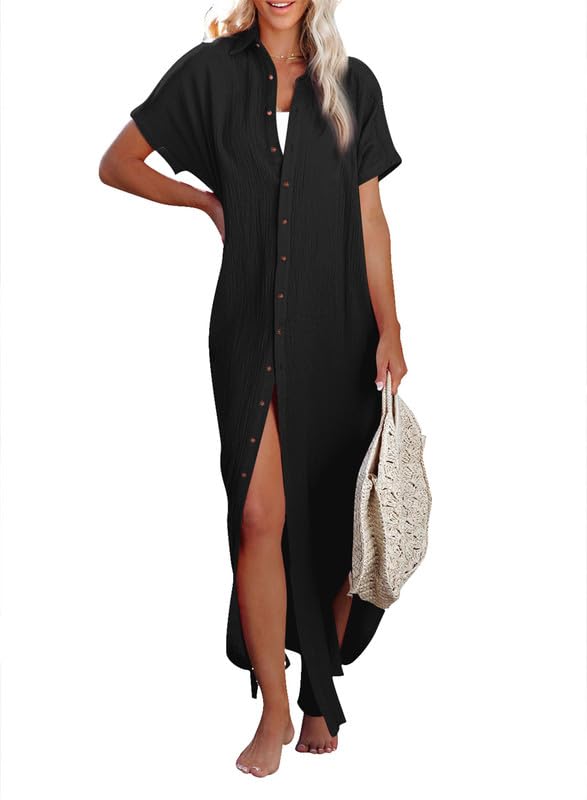 Dokotoo Swimsuit Coverups Summer Dresses for Women 2024 Vacation Button Down Long Kimonos Cardigan Beach Short Sleeve Side Split Casual Solid Loose Bathing Suit Cover Ups for Swimwear Black L
