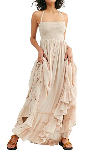 R.Vivimos Womens Summer Cotton Sexy Backless Long Dresses (Large, Beige)
