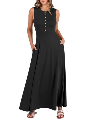 ANRABESS Women Summer Casual Sleeveless Maxi Sundress Button Fit & Flare A-Line Flowy Long Dresses 2024 Beach Outfits Black Medium