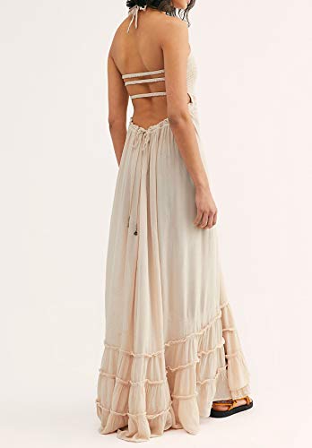 R.Vivimos Womens Summer Cotton Sexy Backless Long Dresses (Large, Beige)