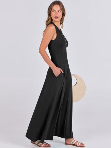 ANRABESS Women Summer Casual Sleeveless Maxi Sundress Button Fit & Flare A-Line Flowy Long Dresses 2024 Beach Outfits Black Medium