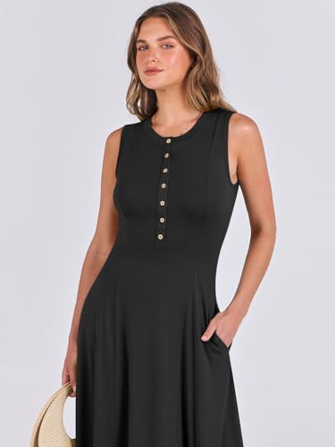 ANRABESS Women Summer Casual Sleeveless Maxi Sundress Button Fit & Flare A-Line Flowy Long Dresses 2024 Beach Outfits Black Medium