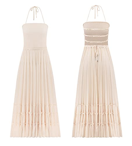 R.Vivimos Womens Summer Cotton Sexy Backless Long Dresses (Large, Beige)