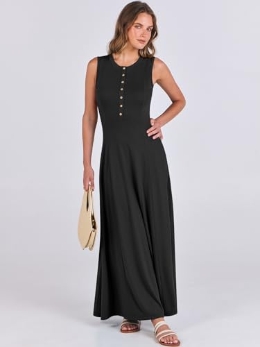 ANRABESS Women Summer Casual Sleeveless Maxi Sundress Button Fit & Flare A-Line Flowy Long Dresses 2024 Beach Outfits Black Medium