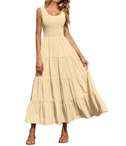 PRETTYGARDEN Women's Casual Loose Plain Maxi Sundress Smocked Tank Dress Sleeveless Summer Beach Tiered Long Dresses (Dark Apricot,Medium)