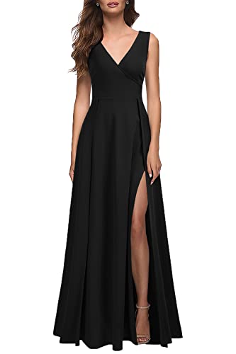 MUSHARE Women's V Neck Sleeveless Split Formal Dress Cocktail Party Prom Long Dresses Black