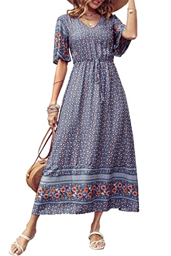 PRETTYGARDEN Women's Casual Summer Boho Floral Print Dress V Neck Short Sleeve High Waist Long Maxi Beach Dresses (Blue Grey Floral,Large)