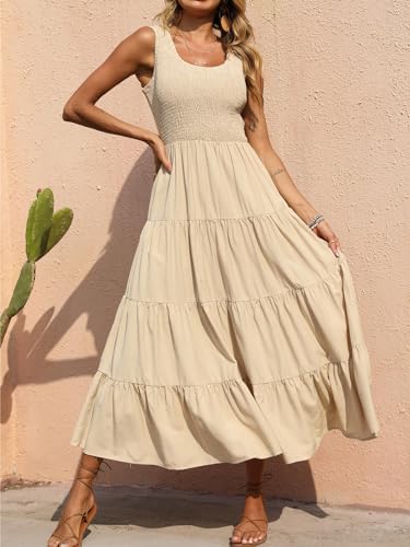 PRETTYGARDEN Women's Casual Loose Plain Maxi Sundress Smocked Tank Dress Sleeveless Summer Beach Tiered Long Dresses (Dark Apricot,Medium)