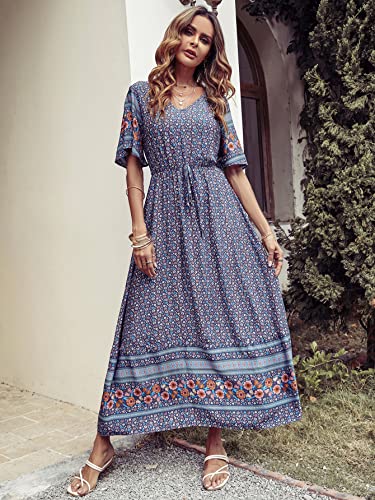 PRETTYGARDEN Women's Casual Summer Boho Floral Print Dress V Neck Short Sleeve High Waist Long Maxi Beach Dresses (Blue Grey Floral,Large)