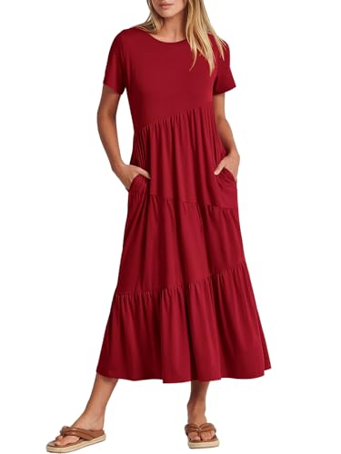 ANRABESS Women Summer Maxi Dress Short Sleeve Swing Casual Asymmetric Tiered Vacation Long Beach Sundress Outfits Burgundy Red Large