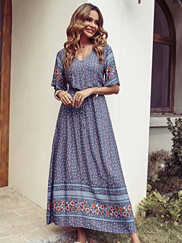 PRETTYGARDEN Women's Casual Summer Boho Floral Print Dress V Neck Short Sleeve High Waist Long Maxi Beach Dresses (Blue Grey Floral,Large)