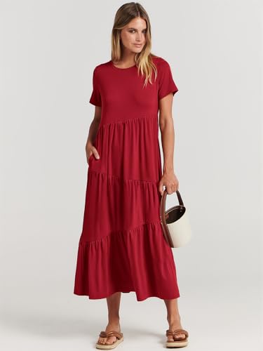 ANRABESS Women Summer Maxi Dress Short Sleeve Swing Casual Asymmetric Tiered Vacation Long Beach Sundress Outfits Burgundy Red Large