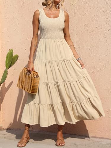 PRETTYGARDEN Women's Casual Loose Plain Maxi Sundress Smocked Tank Dress Sleeveless Summer Beach Tiered Long Dresses (Dark Apricot,Medium)