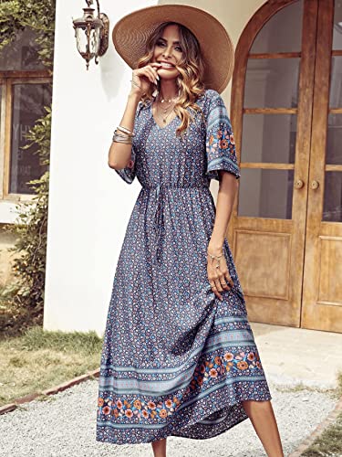 PRETTYGARDEN Women's Casual Summer Boho Floral Print Dress V Neck Short Sleeve High Waist Long Maxi Beach Dresses (Blue Grey Floral,Large)