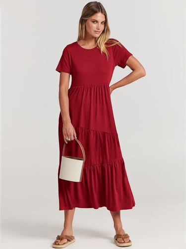 ANRABESS Women Summer Maxi Dress Short Sleeve Swing Casual Asymmetric Tiered Vacation Long Beach Sundress Outfits Burgundy Red Large