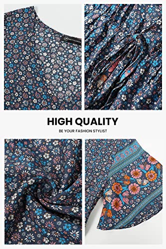 PRETTYGARDEN Women's Casual Summer Boho Floral Print Dress V Neck Short Sleeve High Waist Long Maxi Beach Dresses (Blue Grey Floral,Large)