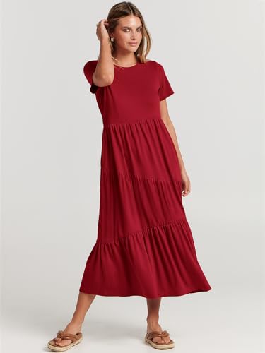 ANRABESS Women Summer Maxi Dress Short Sleeve Swing Casual Asymmetric Tiered Vacation Long Beach Sundress Outfits Burgundy Red Large