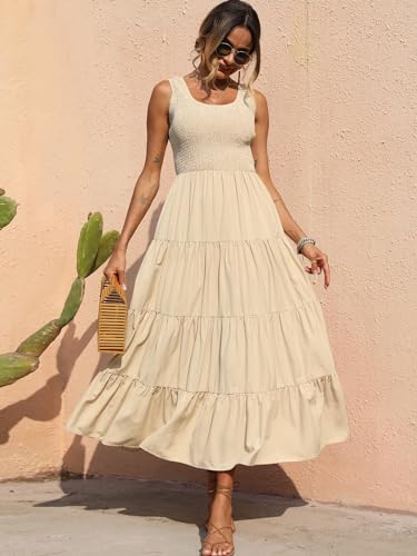 PRETTYGARDEN Women's Casual Loose Plain Maxi Sundress Smocked Tank Dress Sleeveless Summer Beach Tiered Long Dresses (Dark Apricot,Medium)