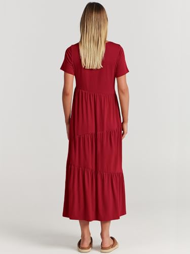 ANRABESS Women Summer Maxi Dress Short Sleeve Swing Casual Asymmetric Tiered Vacation Long Beach Sundress Outfits Burgundy Red Large
