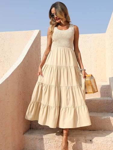 PRETTYGARDEN Women's Casual Loose Plain Maxi Sundress Smocked Tank Dress Sleeveless Summer Beach Tiered Long Dresses (Dark Apricot,Medium)